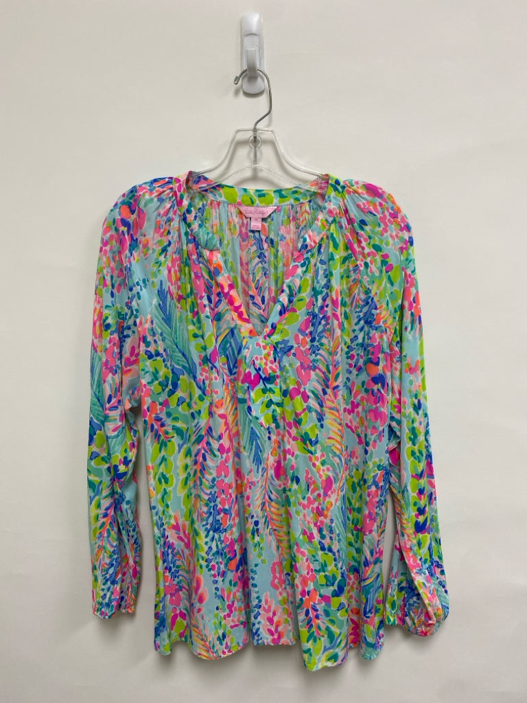 LILLY PULITZER Size M Aqua/Pink Green/Multi Floral V Neck Ladies Top