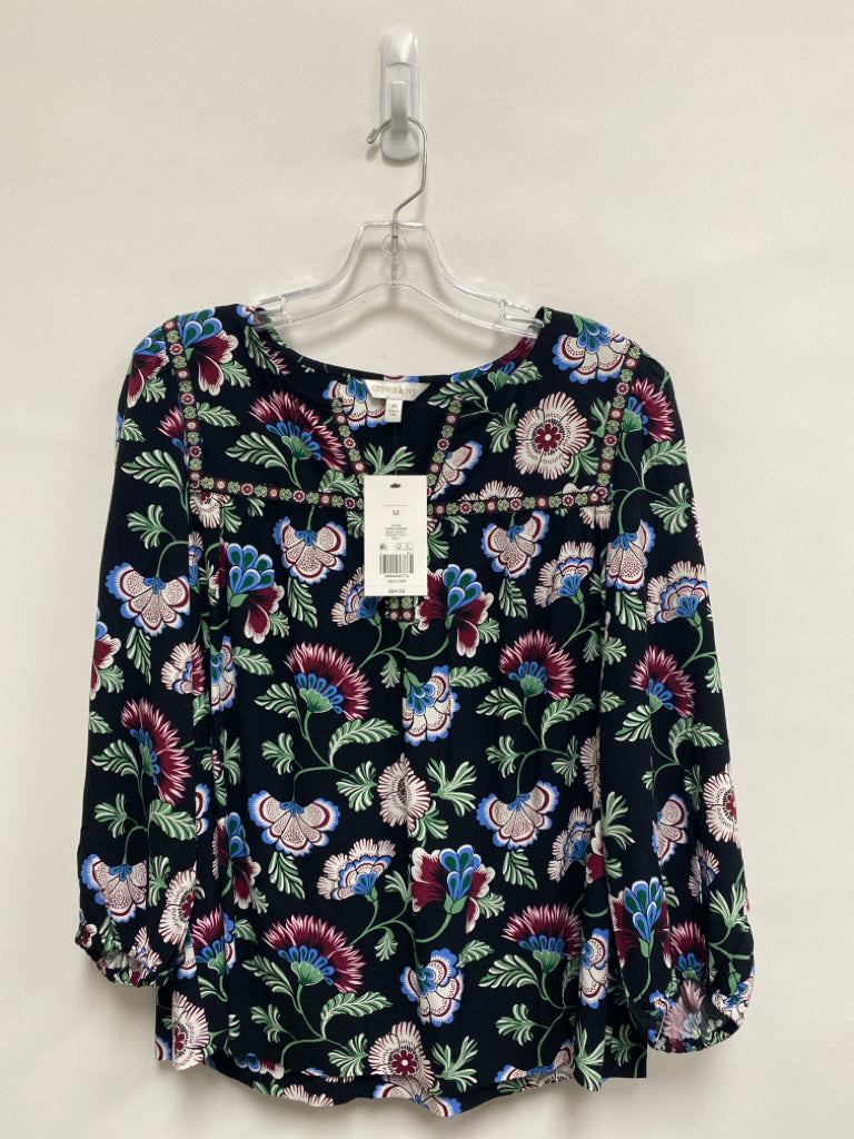 NWT Crown &amp; Ivy Size M Black/Green Burgundy Flowers Ladies Top
