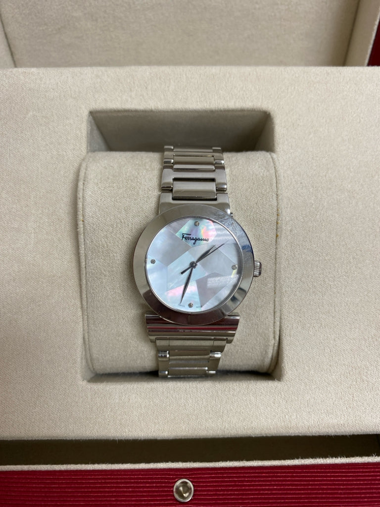 NWOT Ferragamo Silver Color Iridescent Jeweled Ladies Wristwatch