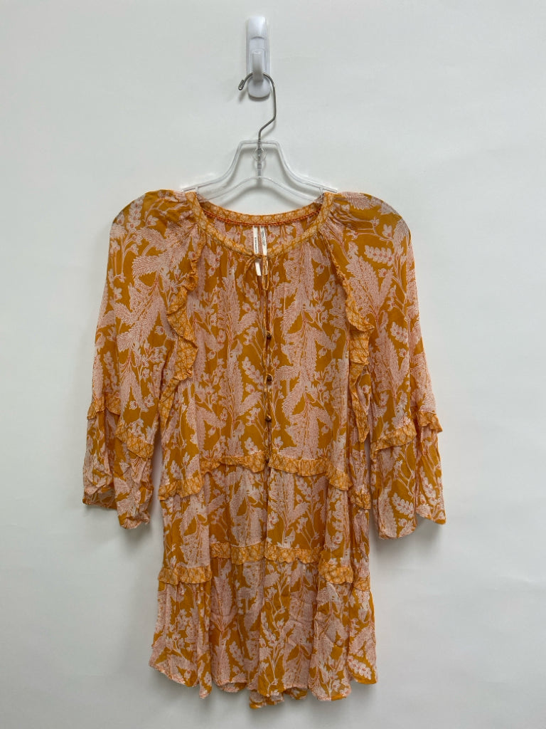 Anthropologie Size S Orange White Leaves 3/4 Sleeve Viscose Ladies Top
