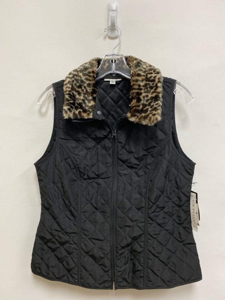 NWT Kim Rogers Size M Black Brown Faux Fur Collar Ladies Vest