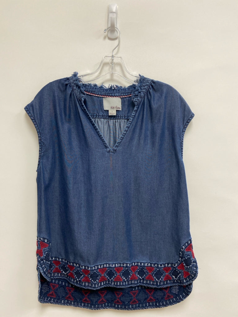 Chloe Oliver Size L Dark Blue Red Embroidered Chambray Ladies Top