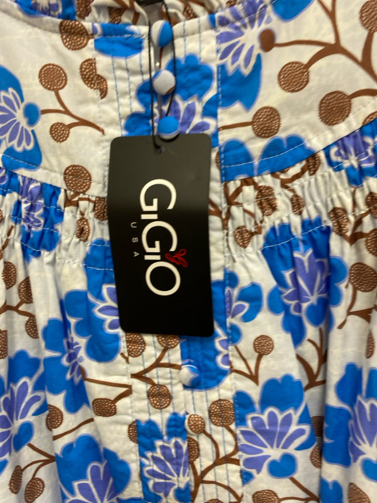 NWT GiGiO Size L White Blue/Brown Floral Puff Sleeve Ladies Dress