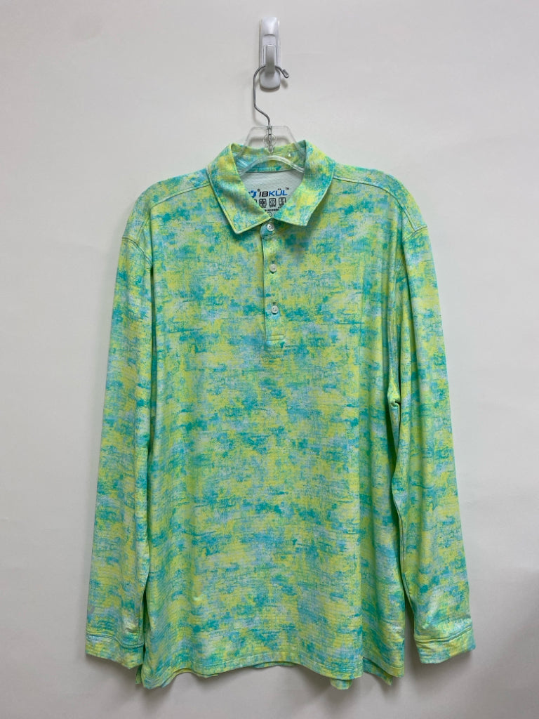 IBKUL Size L Turquoise Yellow Abstract Polo Men&
