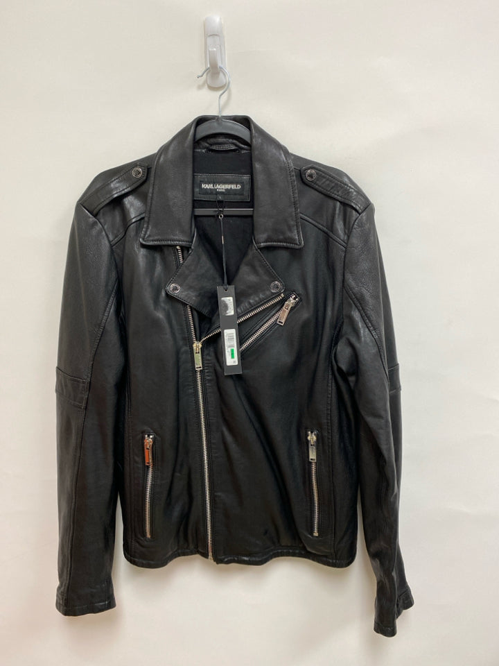 NWT Karl Lagerfeld Size L Black Zip Down Leather Ladies Jacket