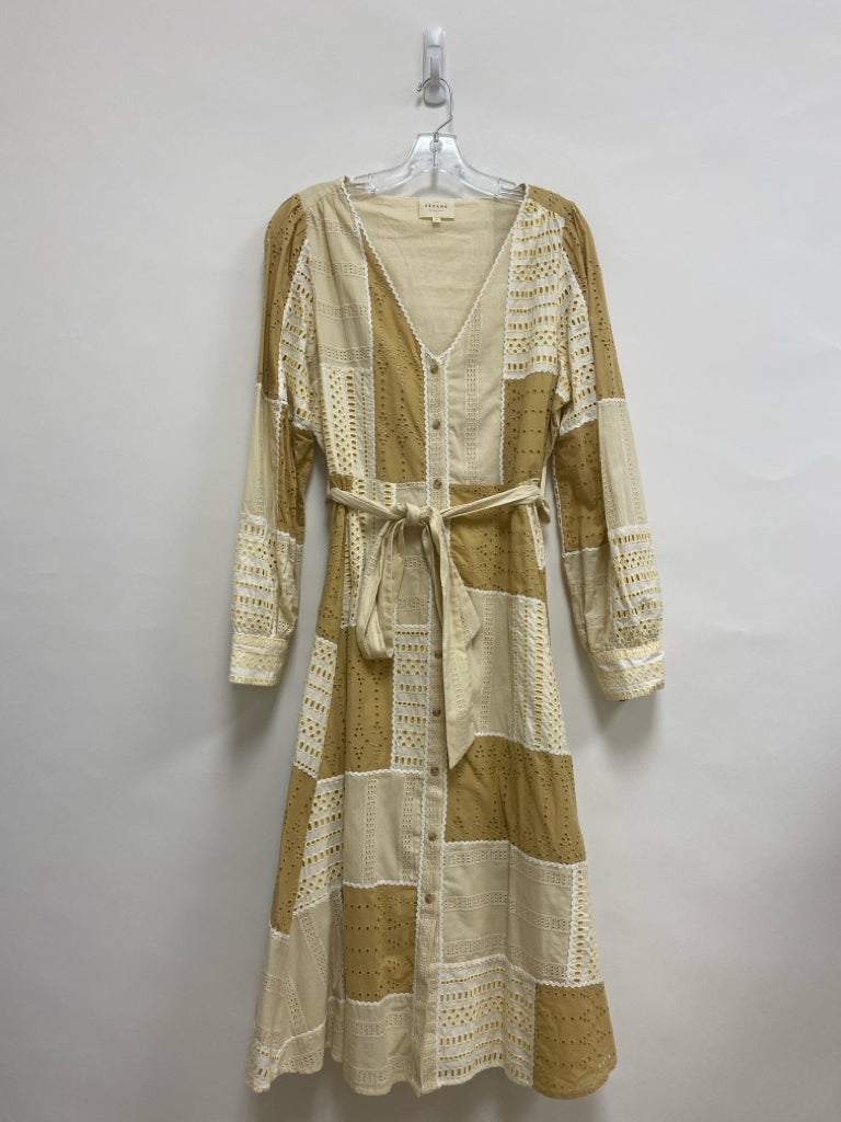 SEZANE Size 14 Cream/Beige White/Tan Patches Eyelet Ladies Dress