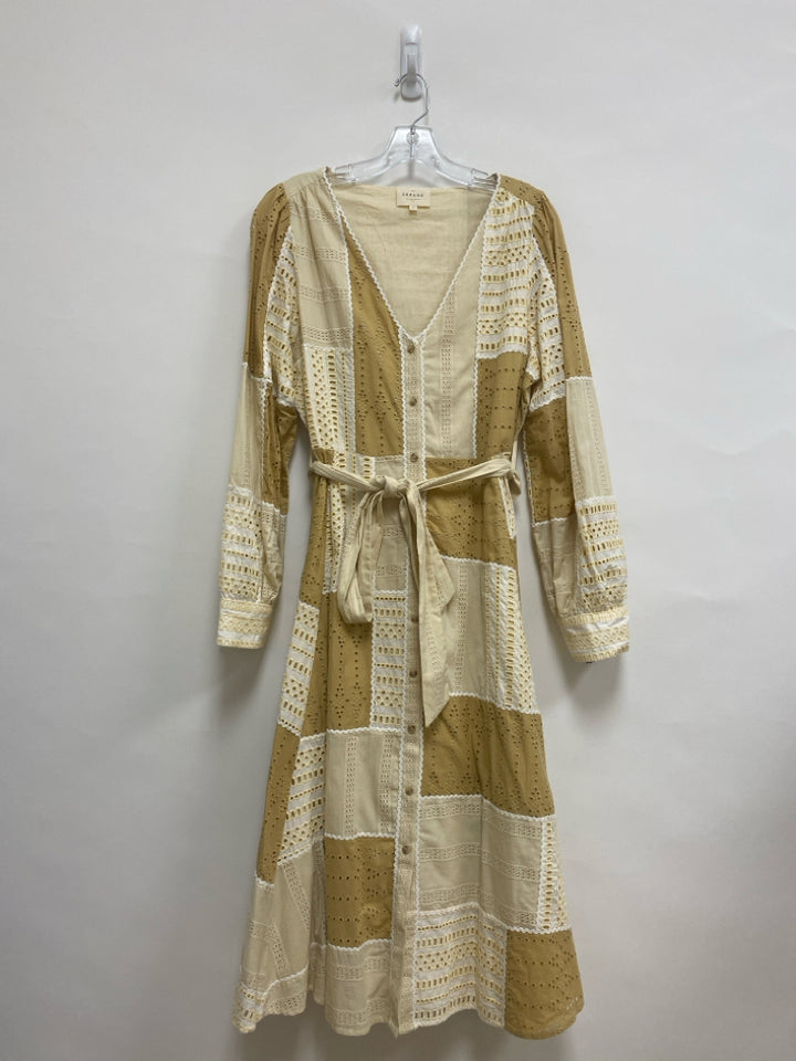 SEZANE Size 14 Cream/Beige White/Tan Patches Eyelet Ladies Dress