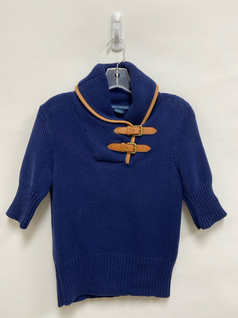 Ralph Lauren Size M Navy Brown Trimmed Short Sleeve Cotton Ladies Sweater