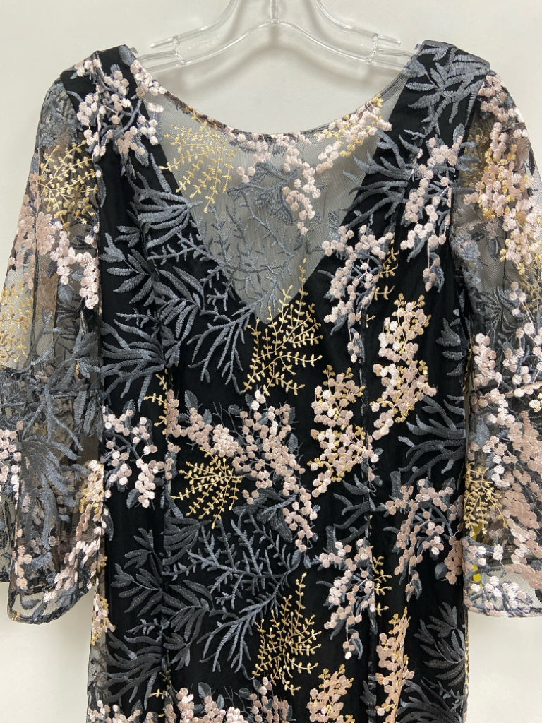 NWT BADGLEY MISCHKA Size 10 Black Pink/Tan Embroidered Maxi Ladies Formal Dress