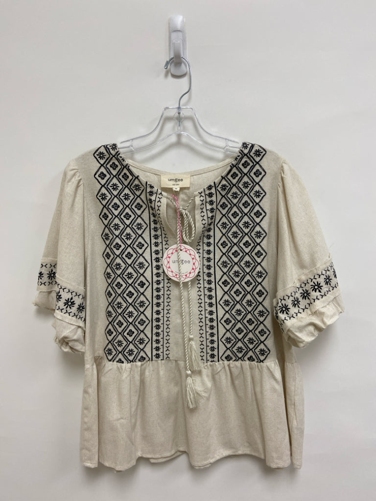 NWT Umgee Size M Oatmeal Black Embroidered Linen Blend Ladies Top