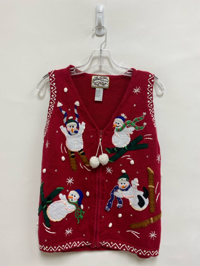 Size S Red White/Green Snowman Zip Down Ladies Sweater Vest