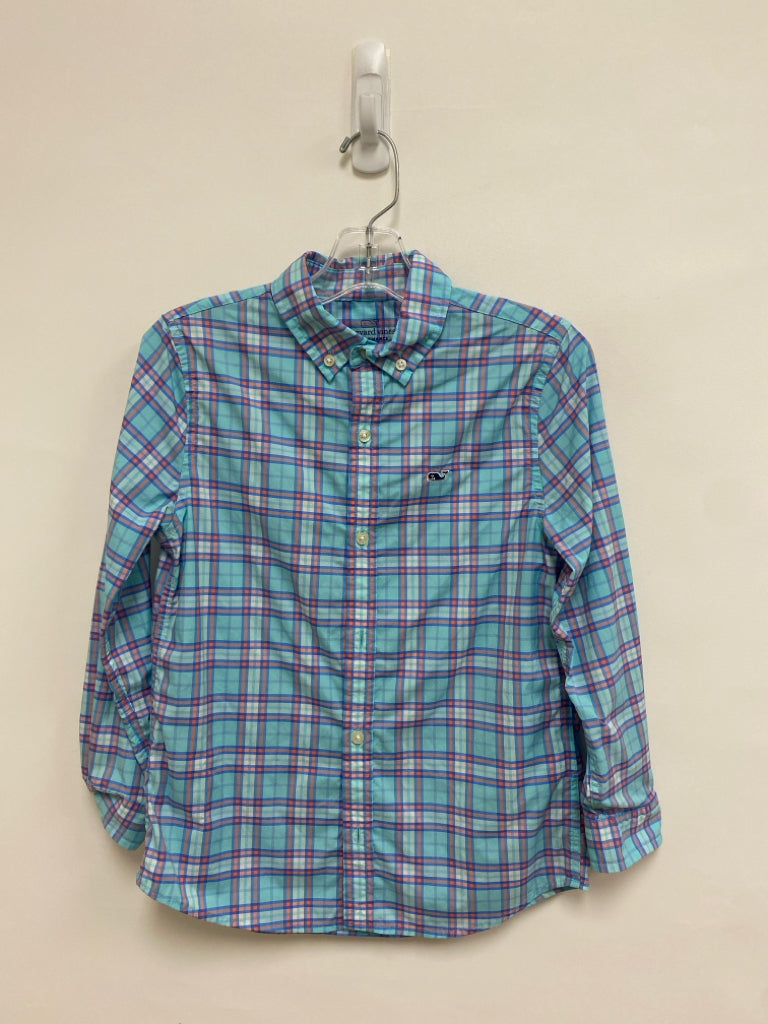 Vineyard Vines SIZE 7 Aqua/Coral Blue Plaid Button Up Boy&