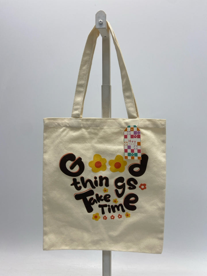 NWT Cream Black/Gold Word(s) Canvas Tote Bag