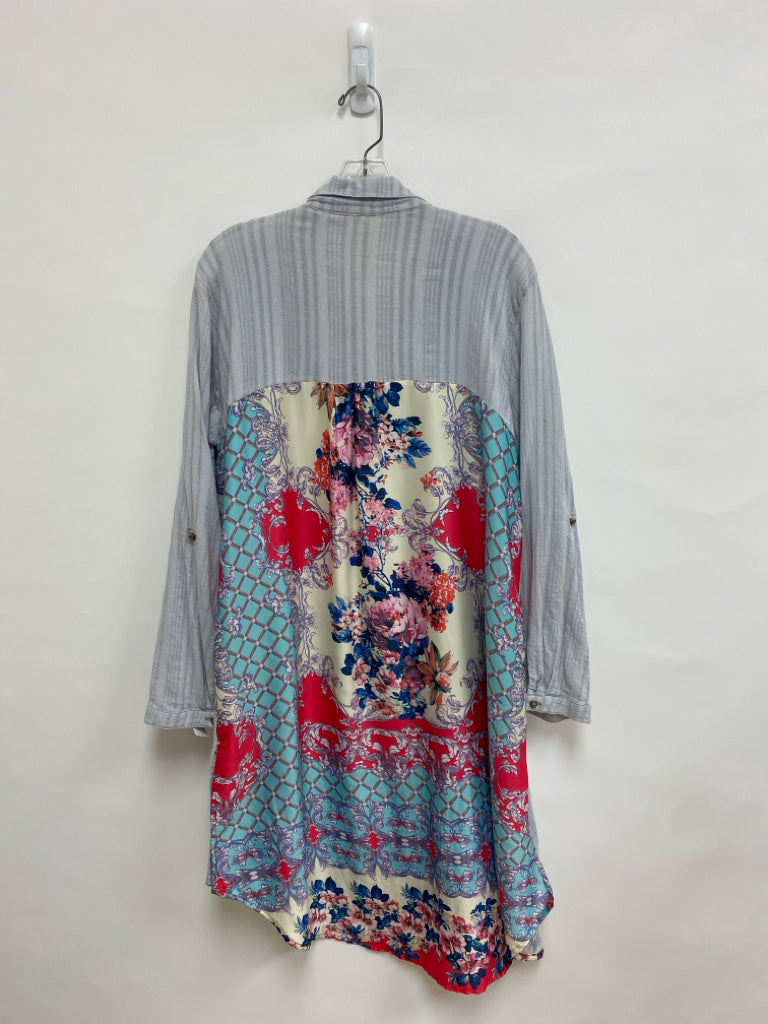 Aratta Size L Gray Coral/Blue Embroidered Button Up Ladies Top