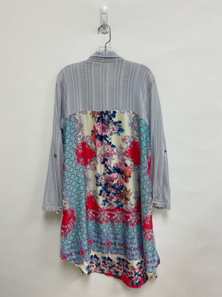 Aratta Size L Gray Coral/Blue Embroidered Button Up Ladies Top