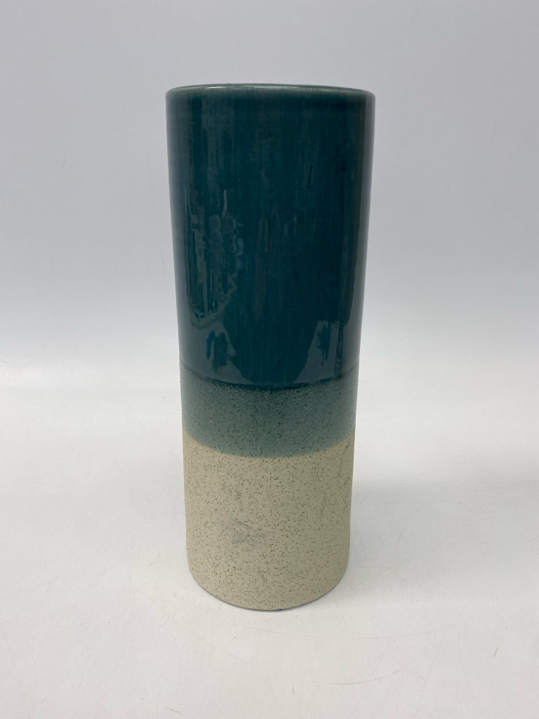 Teal Blue Tan Ceramic Vase
