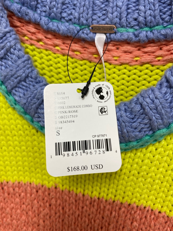 NWT Free People Size S Orange Yellow Striped Cable Knit Ladies Sweater