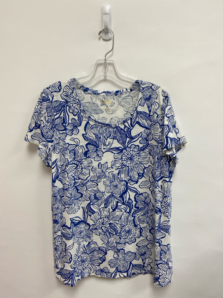 LILLY PULITZER Size L White Navy Flowers Ladies Top
