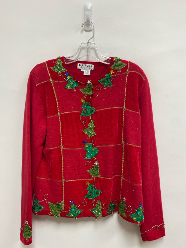 Jack B. Quick Size L Red Green Trees Button Up Ladies Sweater