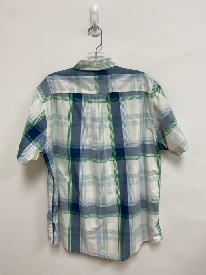 Eddie Bauer Size L Blue White/Green Plaid Button Up Men&