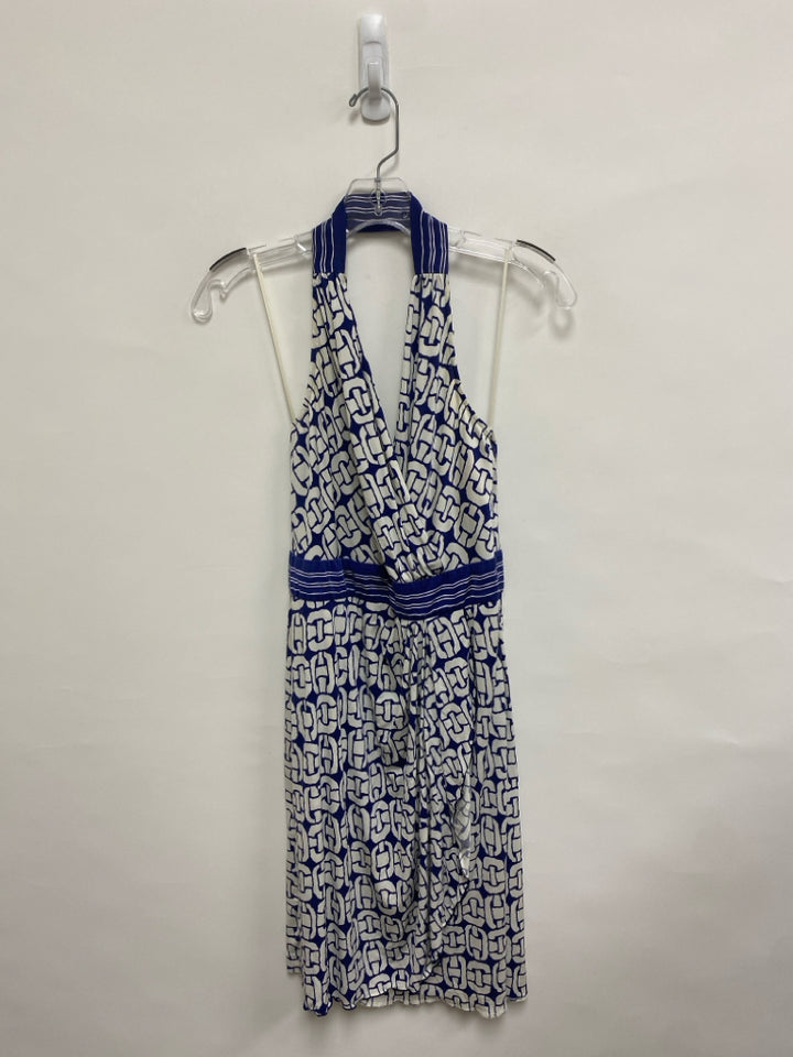 Trina Turk Size 8 Navy/White Chainlink Print Halter Ladies Dress