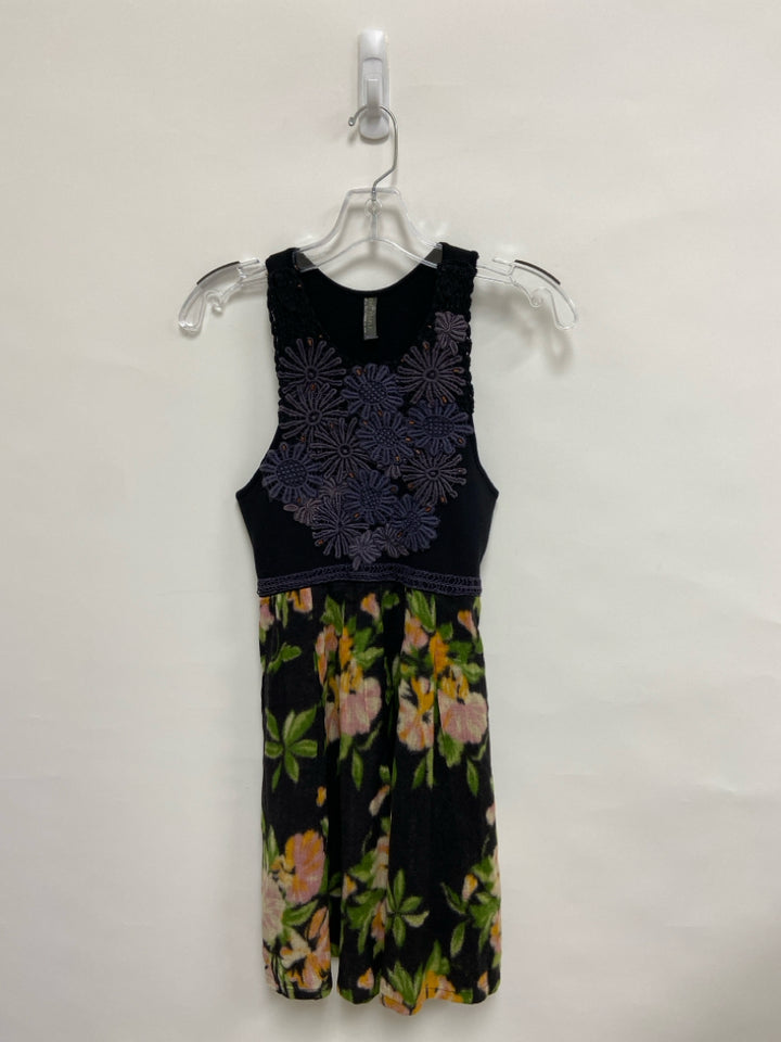 Free People Size XS Black Green/Coral Floral Sleeveless Crochet Ladies Dress