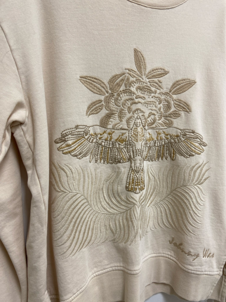 NWT JOHNNY WAS Size S Beige Flowers Embroidered Ladies Sweatshirt