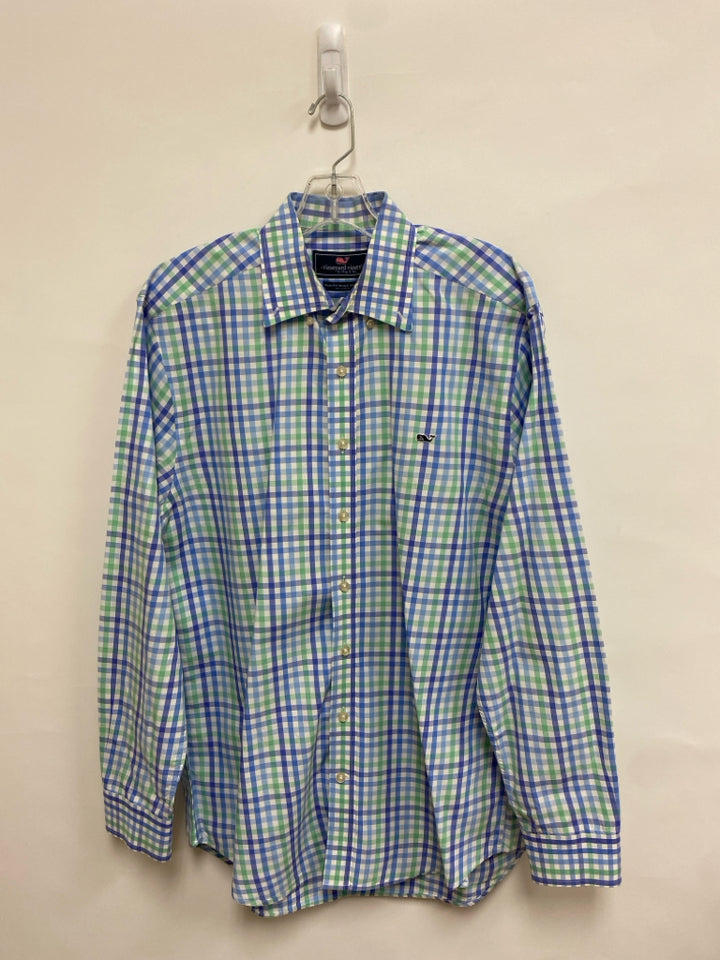 Vineyard Vines Size L White/Blue Green Checkered Men&