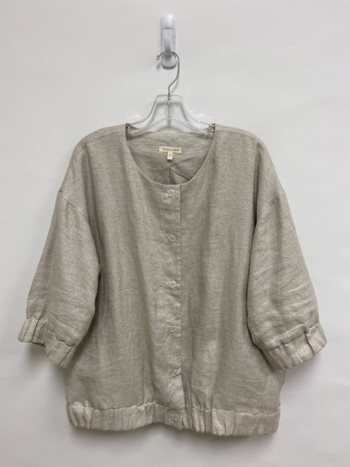 Eileen Fisher Size M Beige Silver Mottled Button Up Linen Blend Ladies Jacket