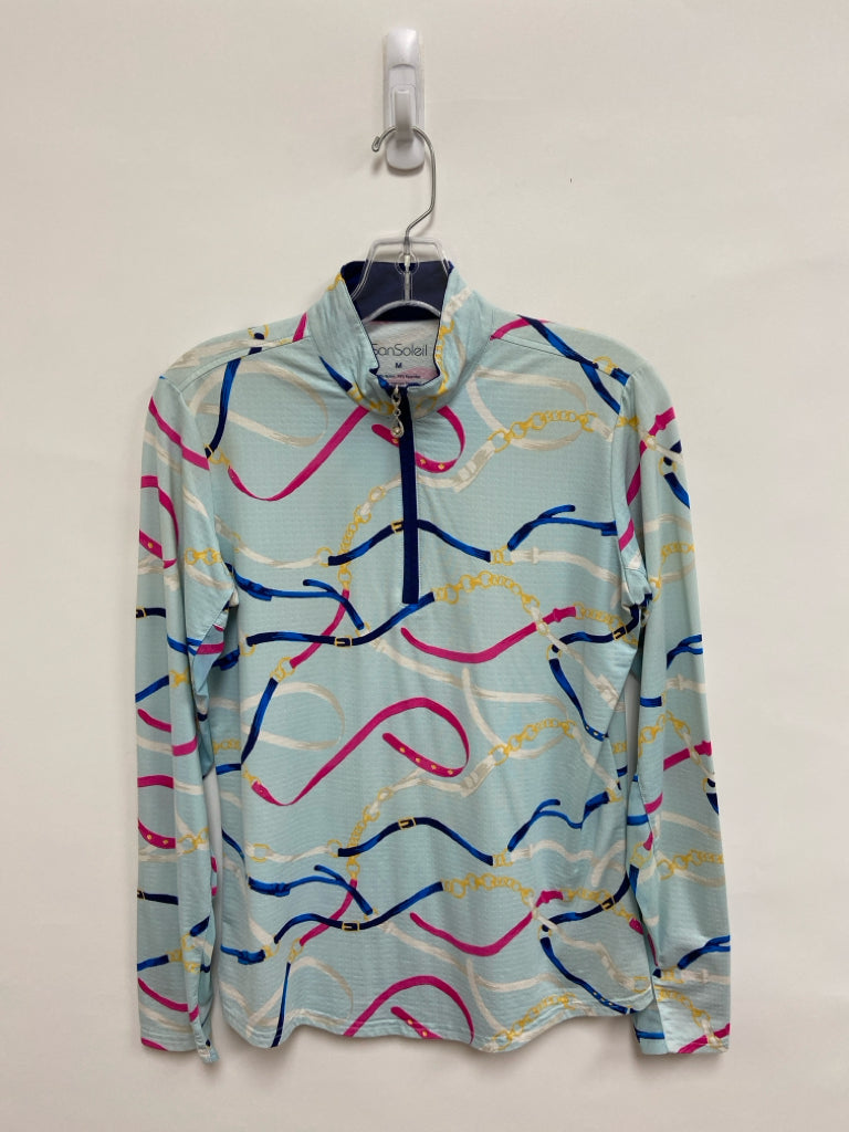 SanSoleil Size M Aqua Multi Color Chainlink Print Quarter Zip Ladies Rash Guard