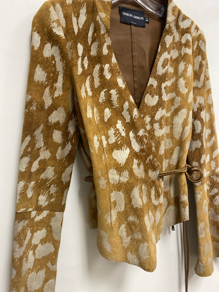 Giorgio Armani Size 40 Tan Gray Animal Print Wrap Lamb Skin Ladies Jacket