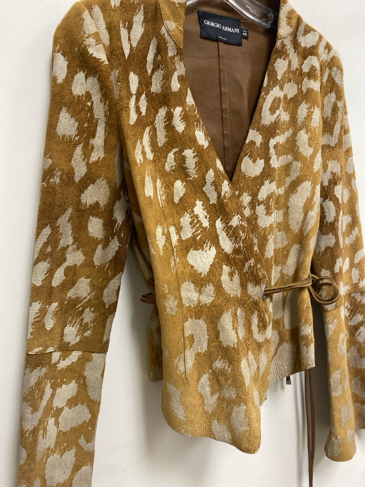 Giorgio Armani Size 40 Tan Gray Animal Print Wrap Lamb Skin Ladies Jacket