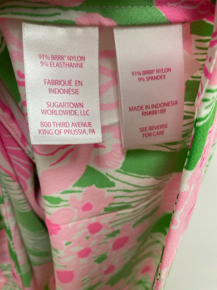 LILLY PULITZER Size M Green White/Pink Flowers V Neck Ladies Dress