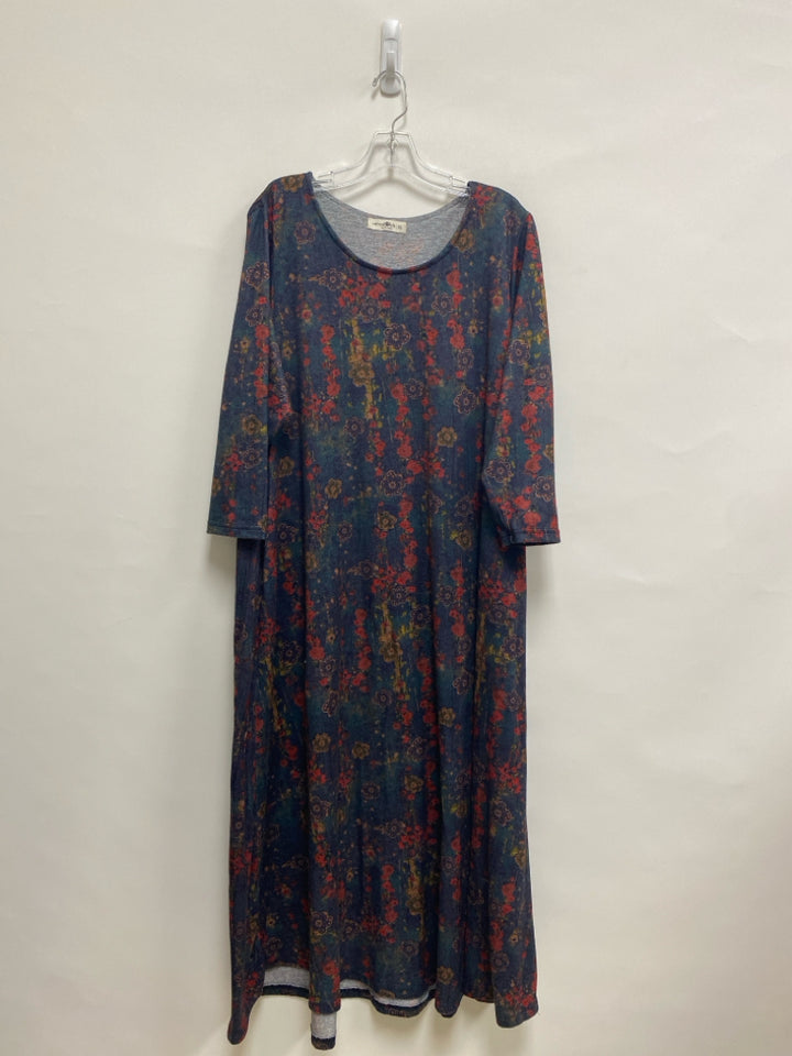 Natural Life Size XL Dark Blue Green/Orange Flowers Maxi Ladies Dress