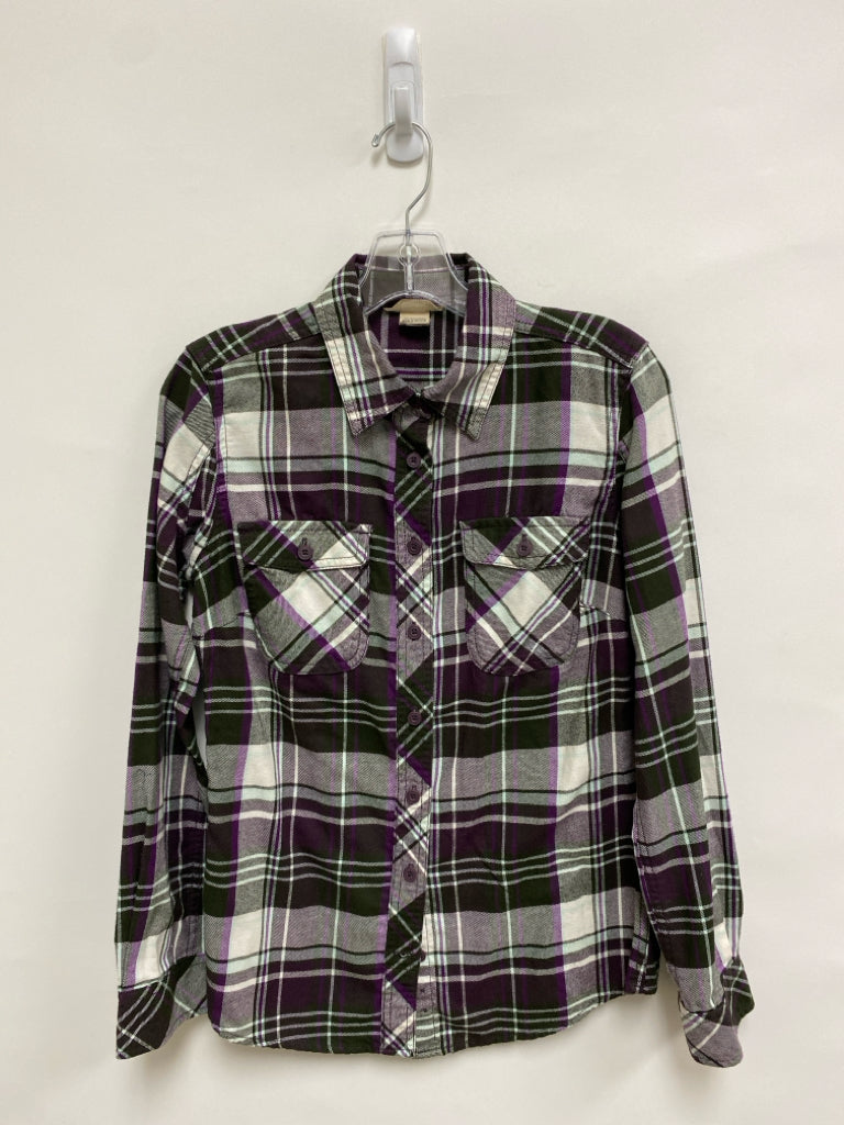 Duluth Trading Size XS Dark Olive Cream/Purple Plaid Flannel Ladies Top
