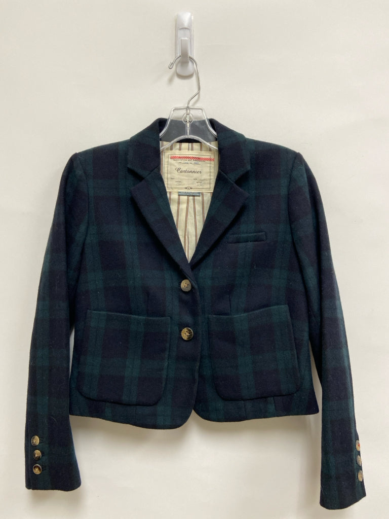 Cartonnier Size 0 Dark Green Dark Navy Plaid Cropped Wool Blend Ladies Jacket