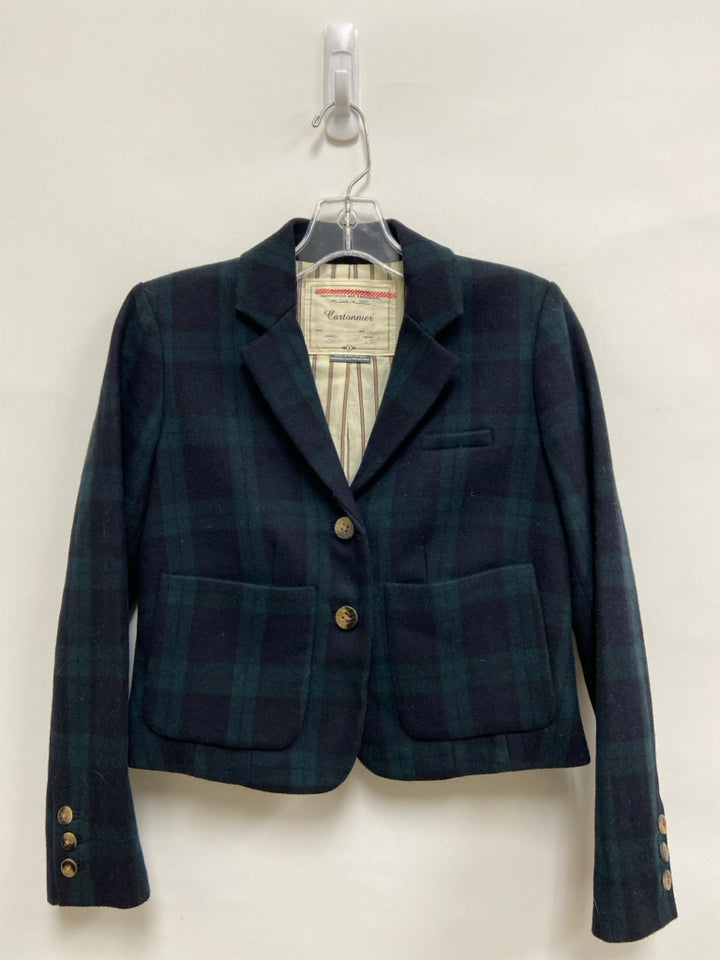 Cartonnier Size 0 Dark Green Dark Navy Plaid Cropped Wool Blend Ladies Jacket