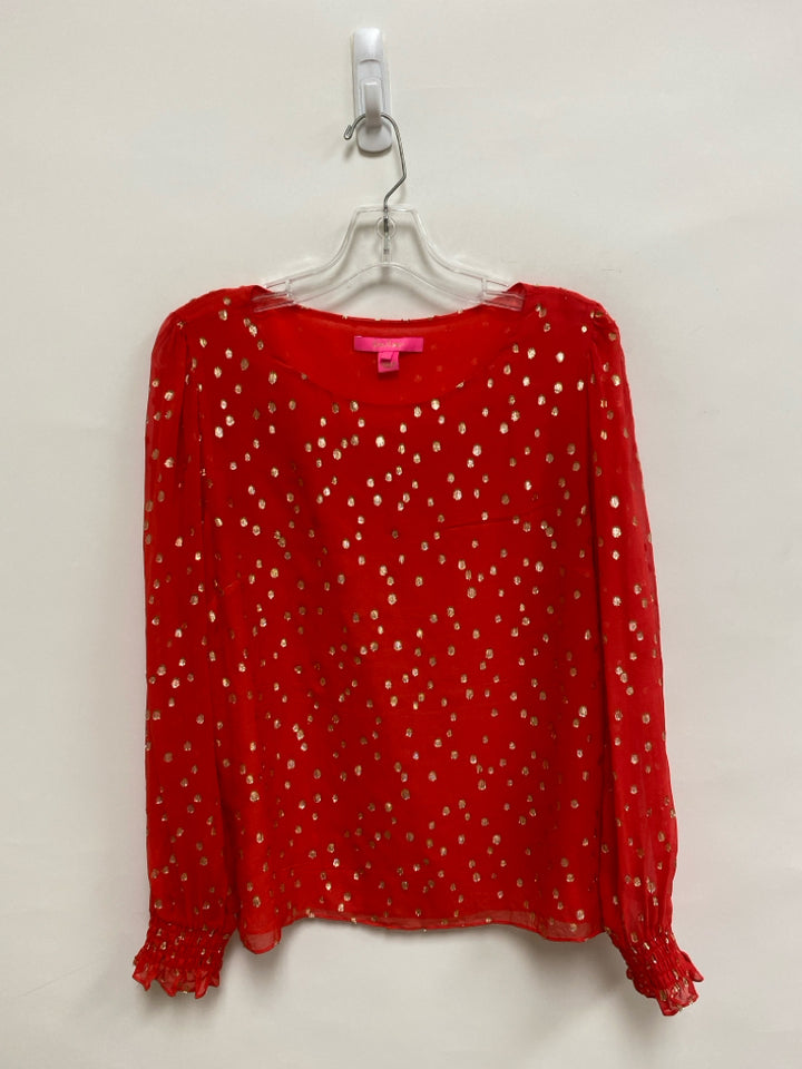 LILLY PULITZER Size L Red/Gold Polka Dot Silk Ladies Top