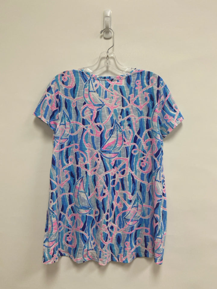 LILLY PULITZER Size XL Blue/White Pink Nautical V Neck Ladies Top