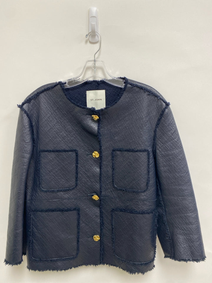 ST. JOHN Size 6 Navy Button Up Leather Ladies Jacket