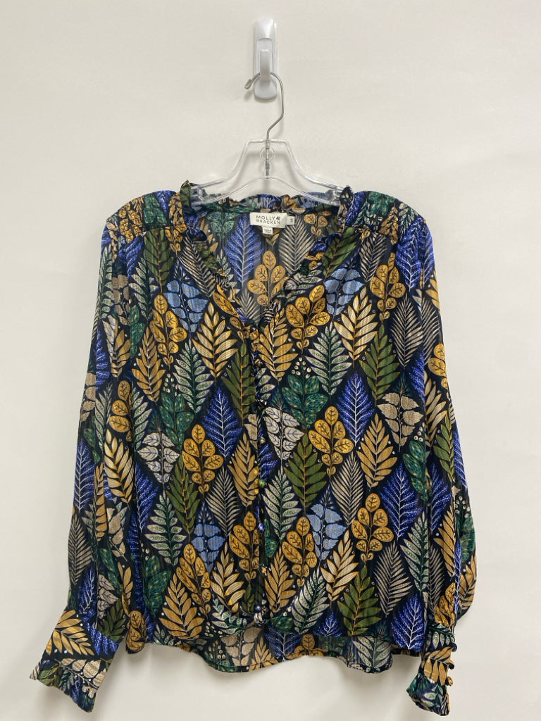 Molly Bracken Size S Green/Black Tan/blue Twig Long Sleeve Sheer Ladies Top