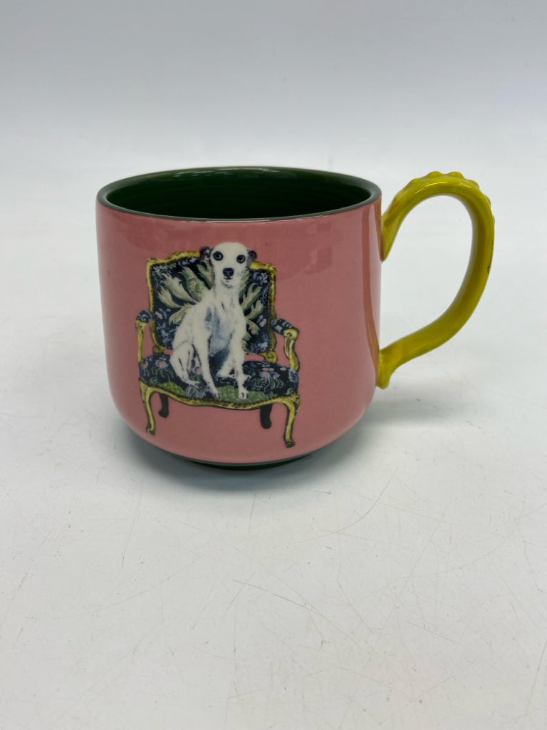 Anthropologie Pink Yellow/Green Dogs Coffee Mug
