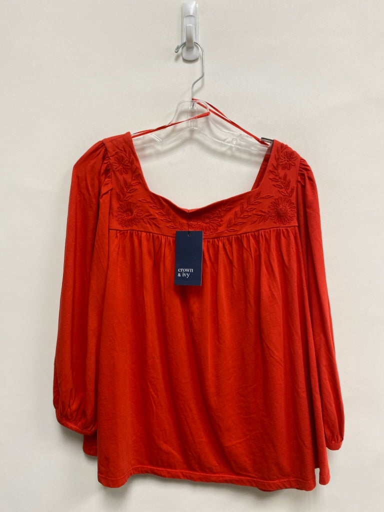 NWT Crown &amp; Ivy Size L Orange Flowers Embroidered Ladies Top