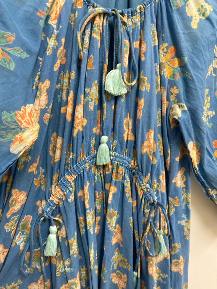 Free People Size XS Blue Yellow/Cream Flowers Puff Sleeve Ladies Dress