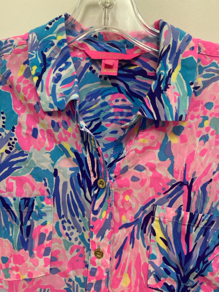 LILLY PULITZER Size XS Pink/Blue Navy/Aqua Abstract Button Up Ladies Dress