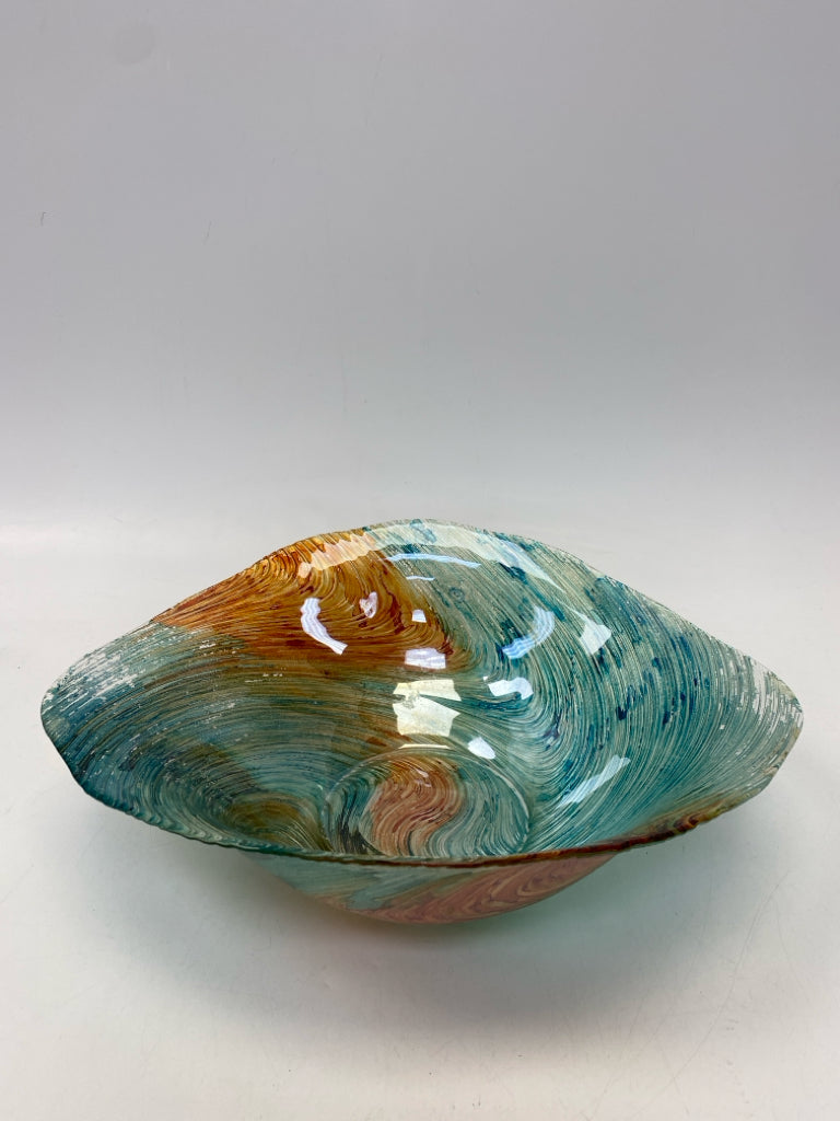 Turquoise Brown/Gold Swirl Glass Decorative Bowl