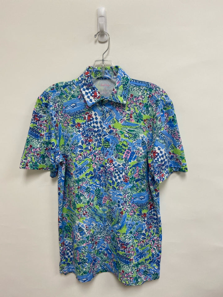 LILLY PULITZER Size S Blue Green/Pink Scene Polo Men&