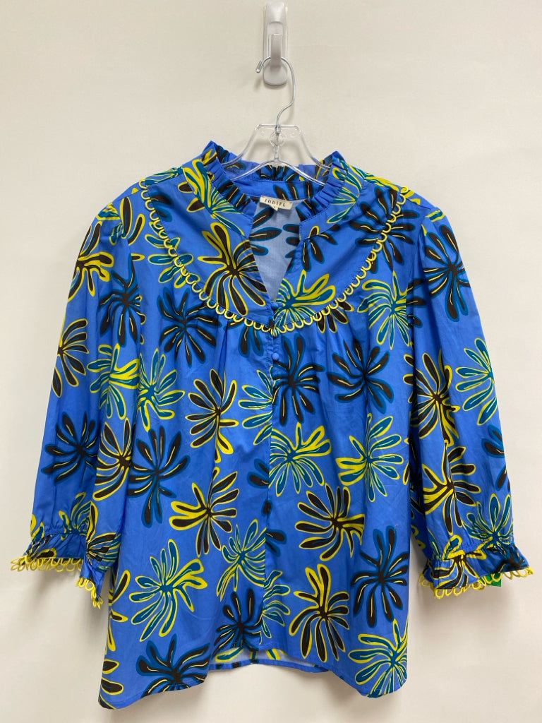 Jodifl Size L Blue Yellow/Brown Abstract Ladies Top