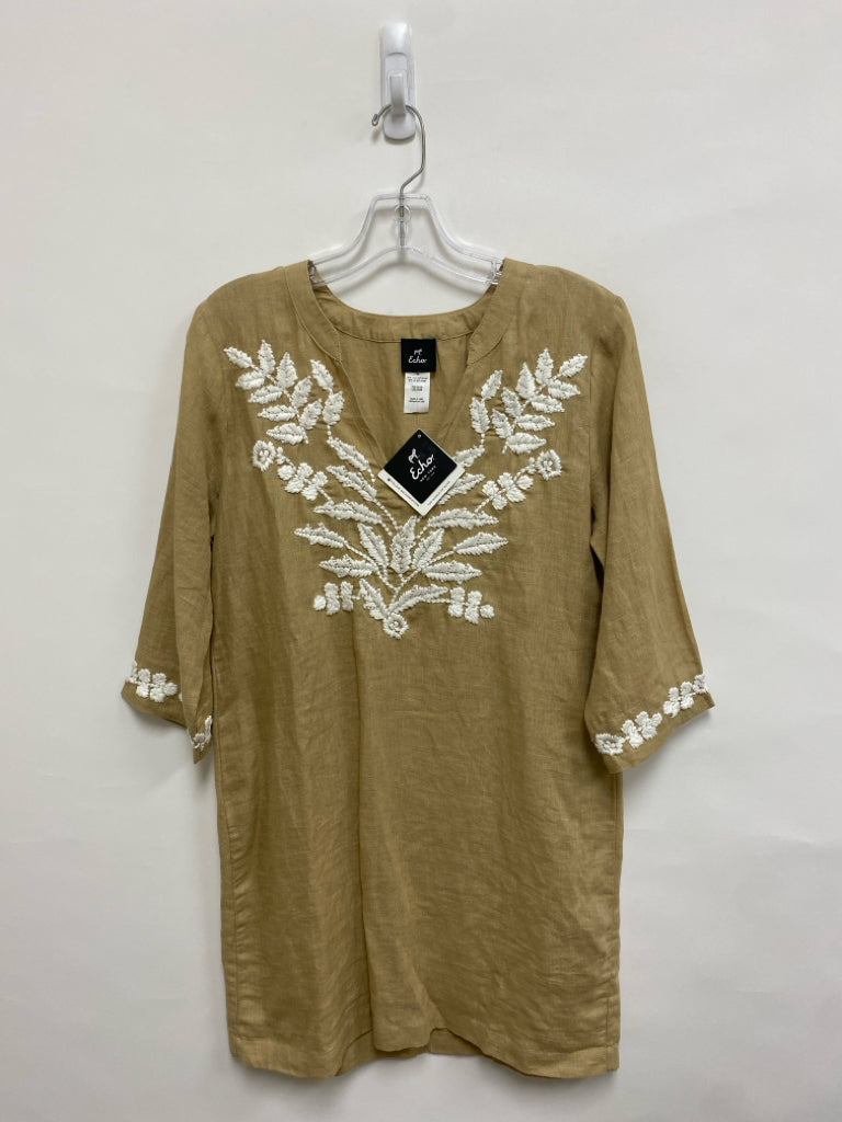 NWT Echo Size M Beige White Embroidered Linen Blend Ladies Dress