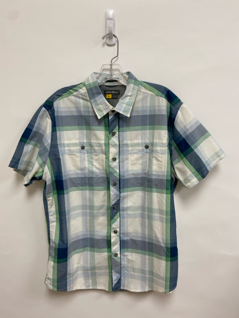 Eddie Bauer Size L Blue White/Green Plaid Button Up Men&